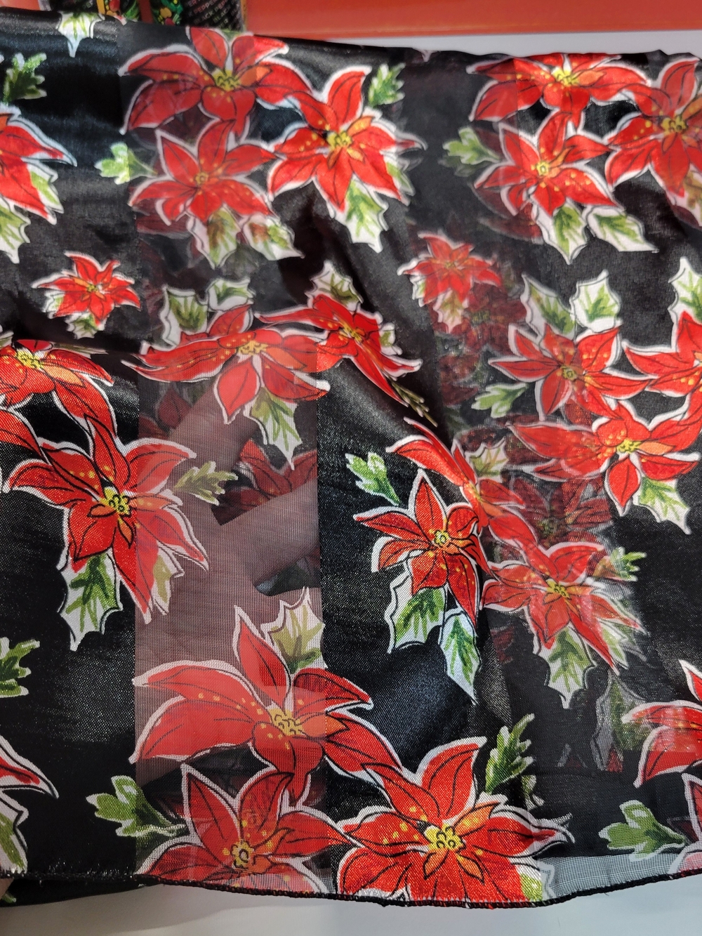 Red Poinsettia Print Black Sheer Scarf